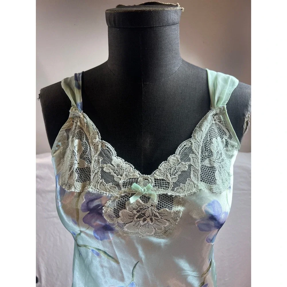 California Dynasty Vintage Floral Satin Lace Trim Nightgown Sage Green Small